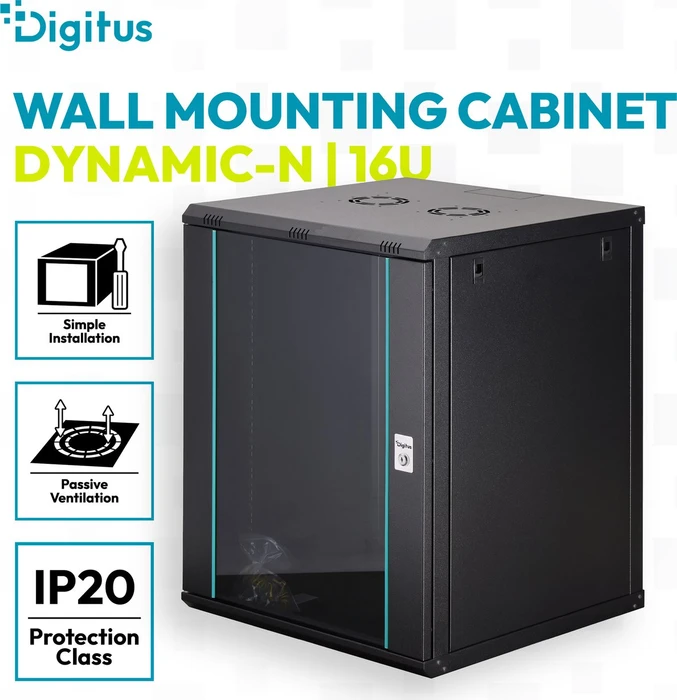 Digitus Dynamic-N Serie 19" Wandgehäuse 16HE, unmontiert, Sicherheitsglastür, IP2X, RAL 9005, 600mm tief