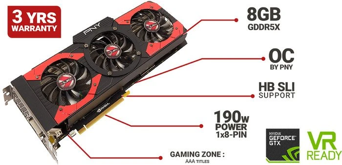 PNY GeForce GTX 1080 XLR8 OC Gaming, 8GB GDDR5X, DVI, HDMI, 3x DP