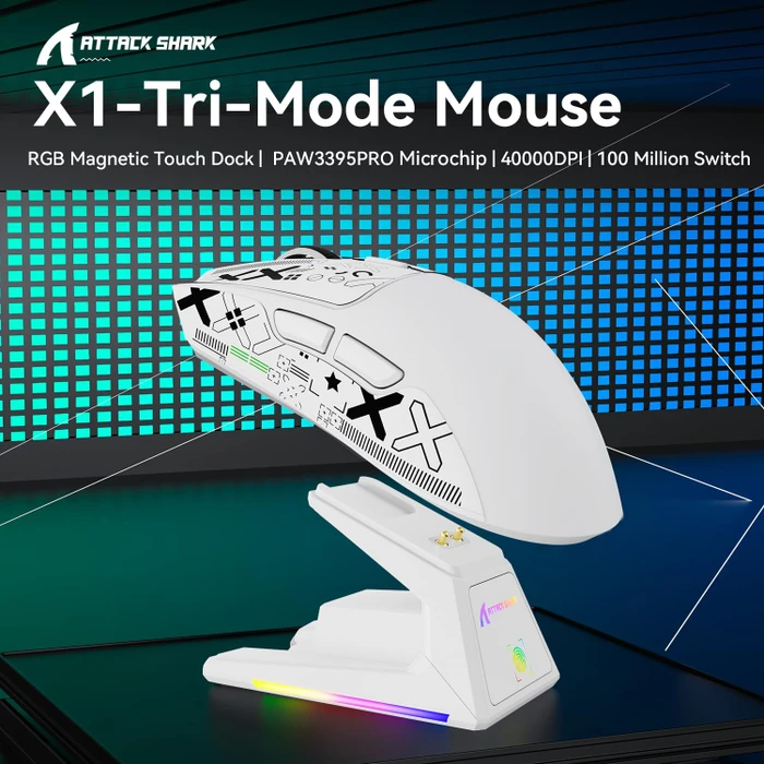 Attack Shark X1 Tri-mode Wireless Gaming Mouse mit Ladestation, weiß, inkl. Grip Tape, USB/Bluetooth