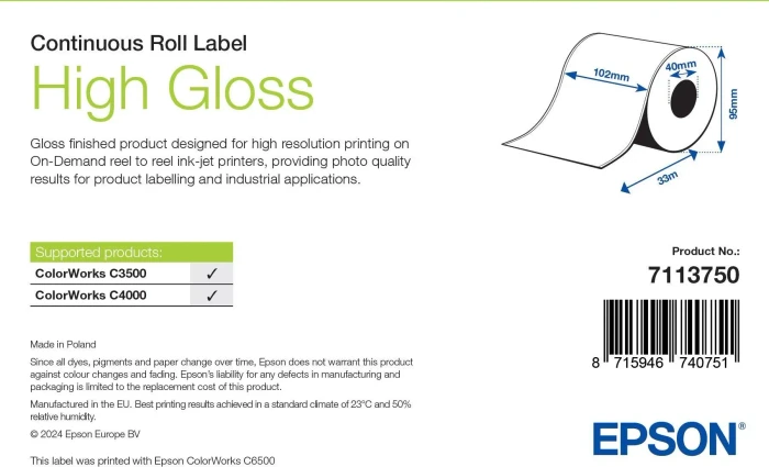 Epson Endlosetiketten High Gloss Continuous Roll, 102mm, 33m, weiß, hochglänzend, 1 Rolle (1 Etiketten) (7113750)