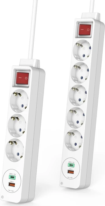 Hama Steckdosenleiste mit Schalter und Winkel-Flachstecker, 3-fach, 1x USB-A/1x USB-C 18W USB-PD/QC, 1.4m, weiß
