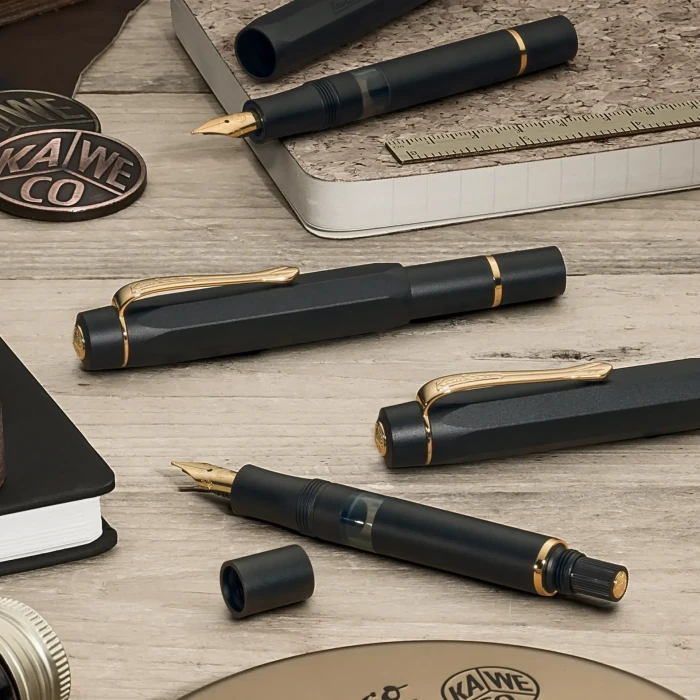 Kaweco Piston Sport AL Starter Set mit Tinte bordeaux/gold, rechte Hand, breit
