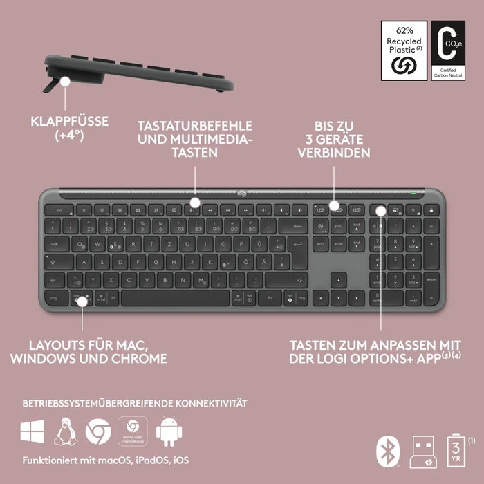 Logitech K950 Signature Slim, Graphite, Logi Bolt, USB/Bluetooth, DE