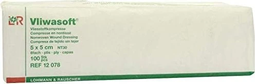 Lohmann & Rauscher Vliwasoft Vlieskompressen 6-lagig unsteril, 5 x 5cm, 100 Stück (50x 2 Stück)