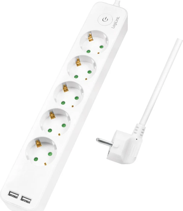 LogiLink Steckdosenleiste mit USB-Ladefunktion, 5-fach, Schalter, 1.5m, weiß