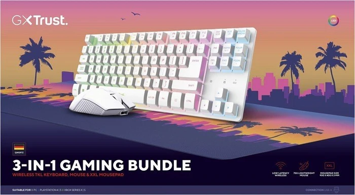 Trust Gaming GXT 882 3-in-1 Gaming-Bundle, Wireless TKL Keyboard & Mouse + XXL Mousepad Miami Style, USB, DE