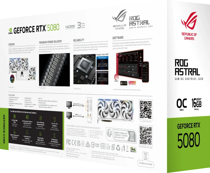 ASUS ROG Astral GeForce RTX 5080 White OC, ROG-ASTRAL-RTX5080-O16G-WHITE, 16GB GDDR7, 2x HDMI, 3x DP
