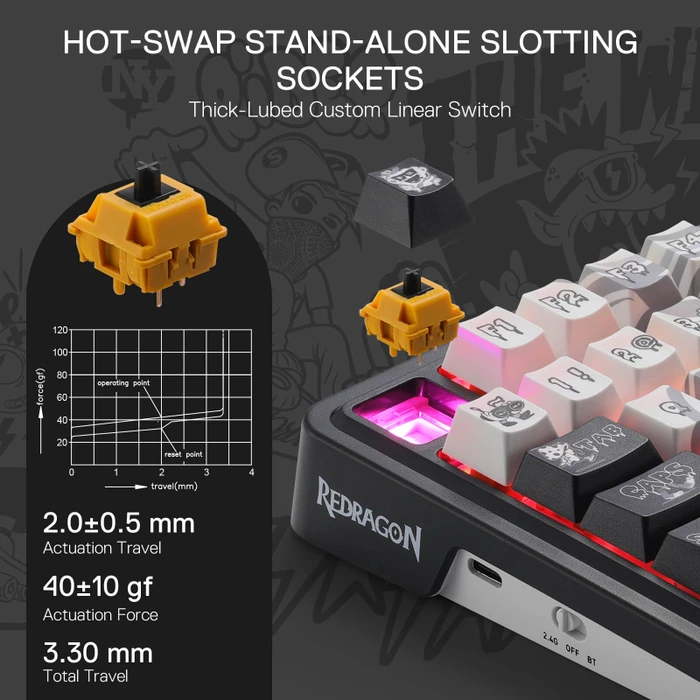 Redragon Artemis K719 Pro Wireless, Graffiti Edition, LEDs RGB, Hi-Fi Custom, USB/Bluetooth, US