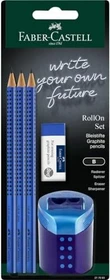 Faber-Castell Grip 2001 Bleistift B graphit, blau, Radierer, Anspitzer, 5er-Set