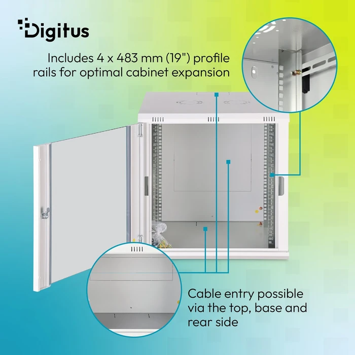 Digitus Dynamic-N Serie 19" Wandgehäuse 12HE, unmontiert, Sicherheitsglastür, IP2X, RAL 7035, 600mm tief