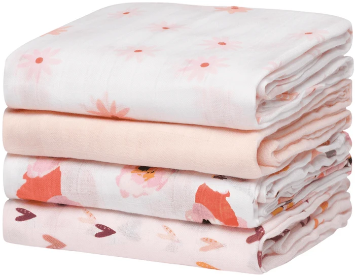 Momcozy Mulltuch 120x120cm Swaddle Tücher floral, 4 Stück