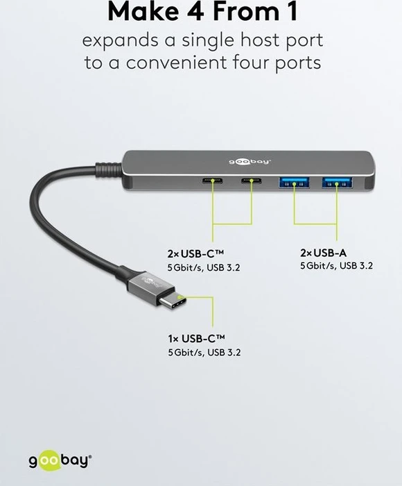 Wentronic goobay Slim 4-Port USB-Hub, 2x USB-C 3.0/2x USB-A 3.0, USB-C 3.0 [Stecker]