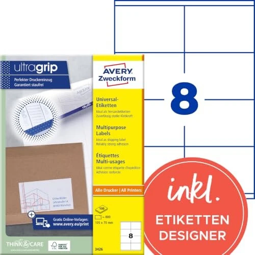 Avery-Zweckform Etiketten, 105x70mm, weiß, 100 Blatt (800 Etiketten)