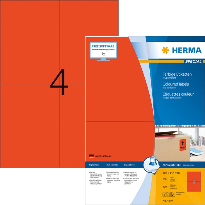 Herma Etiketten, 105x148mm, rot, 100 Blatt (400 Etiketten)