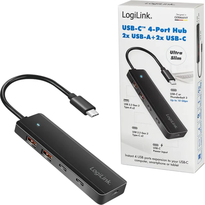 LogiLink Ultra-Slim USB-Hub, 2x USB-C 3.1/2x USB-A 3.1, USB-C 3.1 [Stecker]