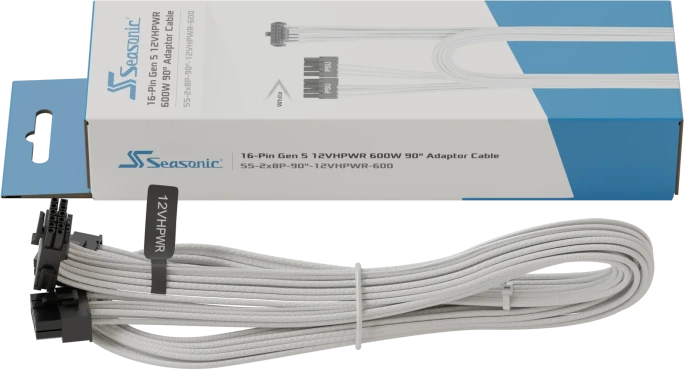 Seasonic 12VHPWR Cable, 600W PCIe 5.0 12VHPWR, 2x 8-Pin PCIe Stecker auf 16-Pin PCIe 5.0 12VHPWR Stecker, Adapterkabel, weiß, 90° gewinkelt, 75cm