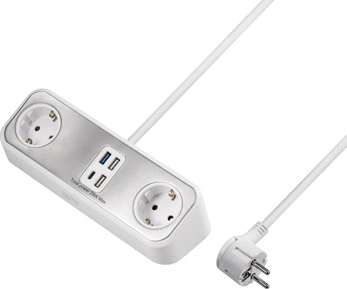 Sygonix Steckdosenleiste, 2-fach, 4x USB, 1.4m, weiß/silber