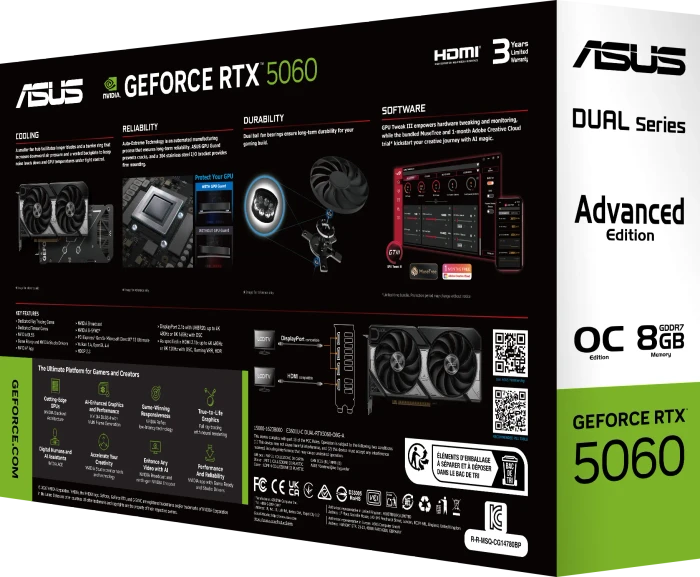 ASUS Dual GeForce RTX 5060 OC Edition Advanced Gaming, DUAL-RTX5060-O8G-A, 8GB GDDR7, HDMI, 3x DP