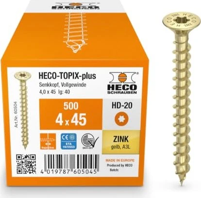 HECO TOPIX-plus verzinkt gelb A3L Torx T20 Holzschraube, 4x45mm, 500 Stück
