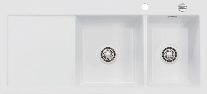 systemceram Mera Double Einbau Becken rechts mit Ablauffernbedienung satin