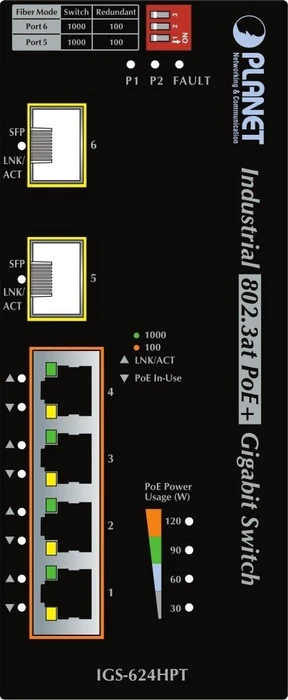 Planet IGS-624HPT Industrial Railmount Gigabit Managed Switch, 4x RJ-45, 2x SFP, 120W PoE+
