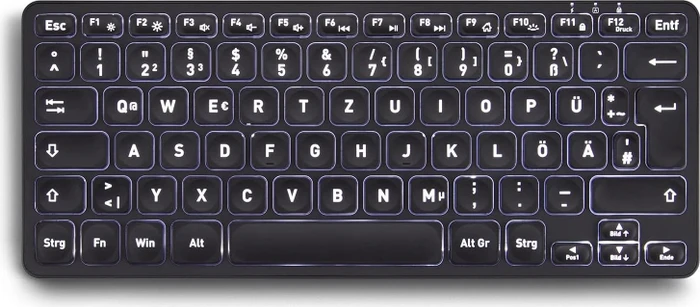 Perixx Periboard-732 Wireless Mini Keyboard, schwarz, LEDs weiß, USB, DE