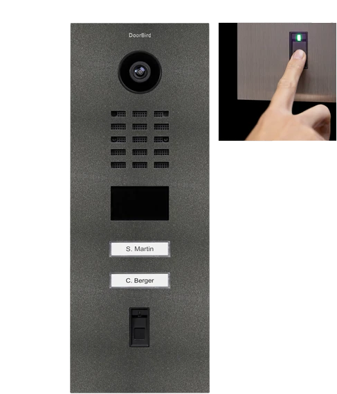 DoorBird D2102FV Fingerprint 50 IP Video Türstation mit 2 Ruftasten DB 703, Edelstahl V2A, gebürstet
