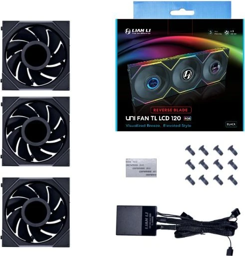Lian Li Uni Fan TL LCD 120 RGB Reverse Blade, schwarz, LED-Steuerung, 120mm, 3er-Pack
