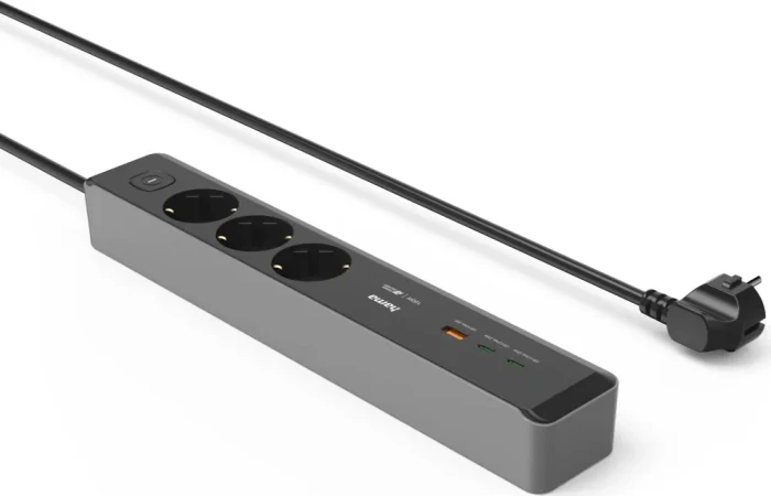 Hama Steckdosenleiste mit Schalter, 3-fach, 1x USB-A/2x USB-C 65W USB-PD, 1.4m, schwarz/grau