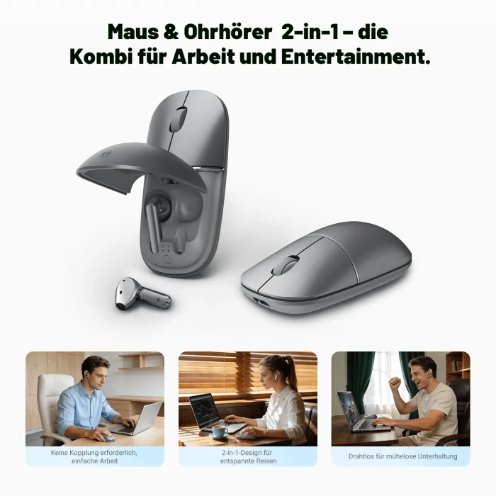 Honor Choice Yhemi MouseBuds Pro, Wireless Mouse & Earbuds 2-in-1, schwarz/grau, USB/Bluetooth
