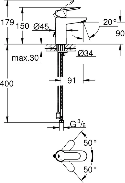 Grohe BauEdge Einhand-Waschbeckenarmatur 1/2" S-Size mit Ablauffernbedienung chrom