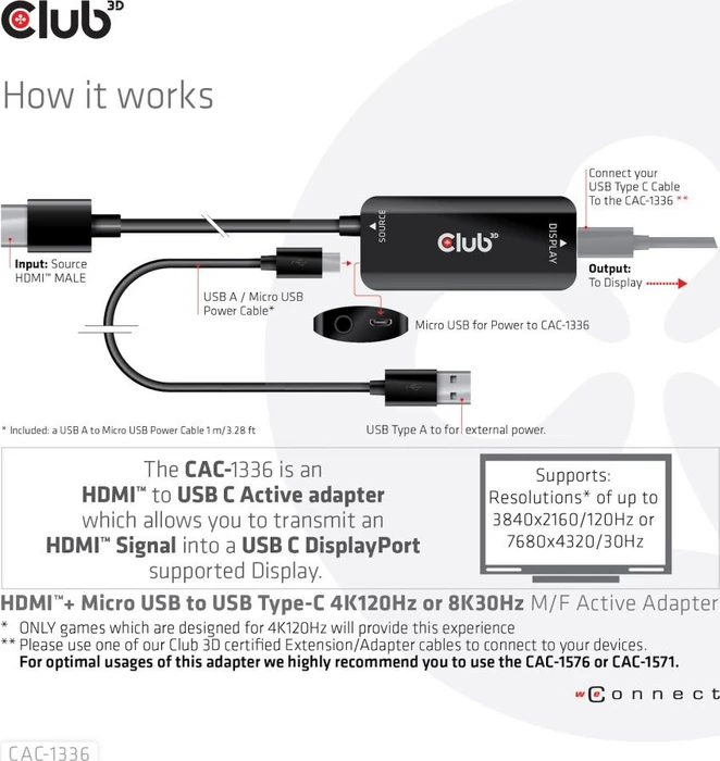 Club 3D HDMI 2.1 [Stecker] auf USB-C [Buchse] Adapterkabel, aktiv, schwarz