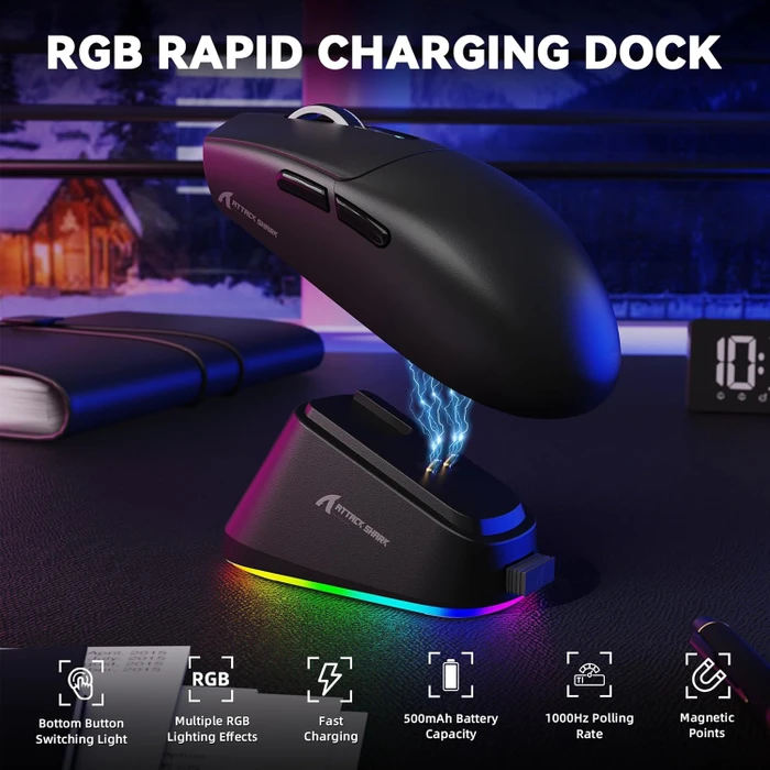 Attack Shark G3Pro Tri-mode Wireless Gaming Mouse mit Ladestation, Black, USB/Bluetooth