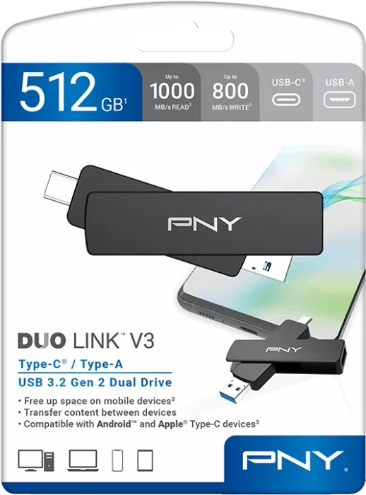 PNY Duo Link V3 512GB, USB-A + USB-C, USB 3.2 Gen 2×1