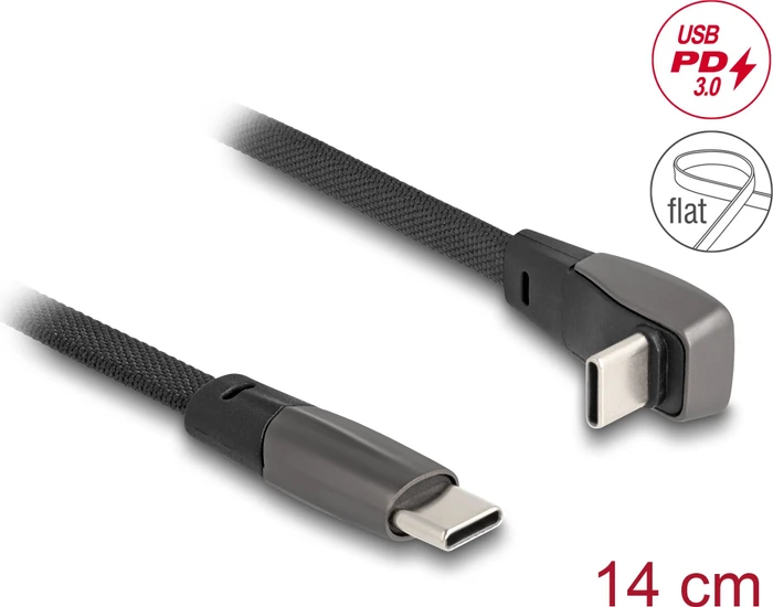 DeLOCK USB-C auf USB-C Kabel, USB 2.0, 480Mb/s, 60W USB PD, Flachbandkabel, gewinkelt, schwarz, 0.14mm