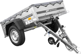Unitrailer Garden Trailer 150 Kipp mit grauer Flachplane, Planenträgern, Stützrad