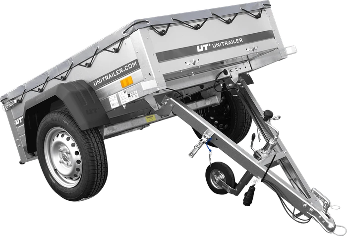 Unitrailer Garden Trailer 150 Kipp mit grauer Flachplane, Planenträgern, Stützrad