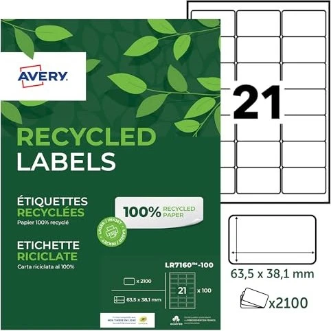 Avery-Zweckform Adressetiketten Recycling, 63.5x38.1mm, weiß, 100 Blatt (2100 Etiketten)