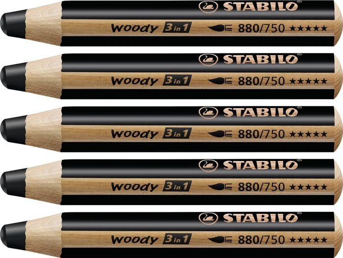 STABILO Woody 3in1 Wachsmalstift schwarz, 5er-Pack