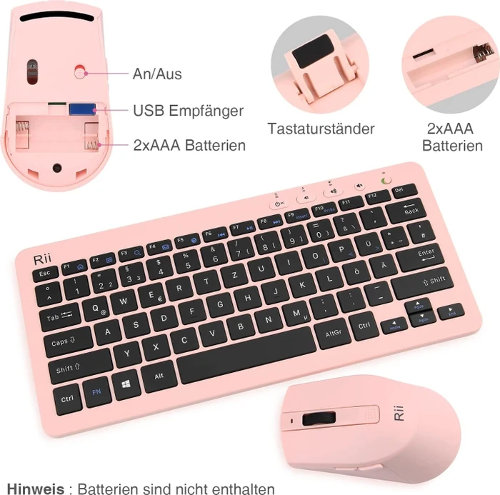Riitek Rii RKM709 Wireless Keyboard and Mouse Combo, rosa, USB, DE