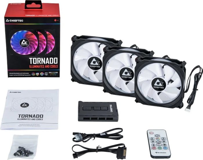 Chieftec CF-3012-RGB Tornado, LED-Steuerung, Fernbedienung, Lüftersteuerung, 120mm, 3er-Pack