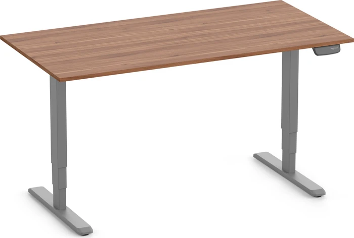 Ergolutions Primus elektrisch höhenverstellbarer Sitz-Steh-Schreibtisch 160x80cm Nussbaum/grau