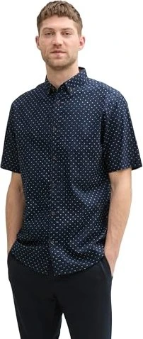 Tom Tailor Regular Fit Leinenanteil im Pünktchen-Muster Hemd kurzarm navy/dot design (Herren)