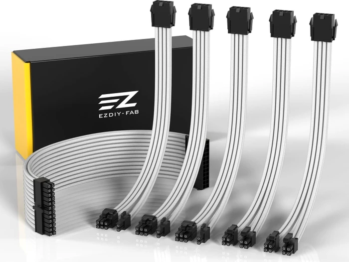 EZDIY-FAB Cable Extension Kit, 1x 24-Pin, 2x 4/8-Pin ATX, 3x 8-Pin PCIe, 18AWG, weiß/schwarz
