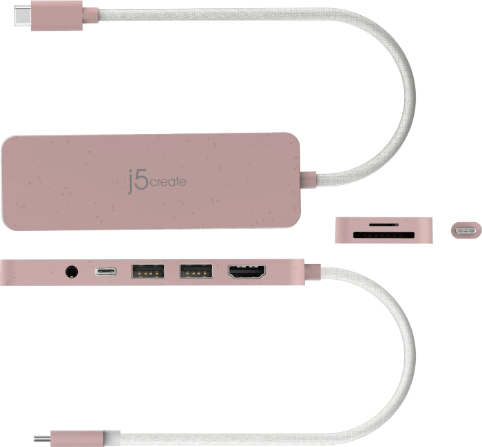 j5create Eco-Friendly 7-in1 USB-C Multi-Port Hub with Power Delivery rosa, USB-C 3.0 [Stecker]