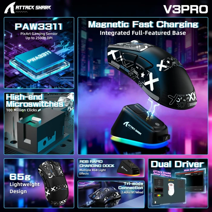 Attack Shark V3 PRO Tri-mode Wireless Gaming Mouse mit Ladestation, schwarz, inkl. Grip Tape, USB/Bluetooth