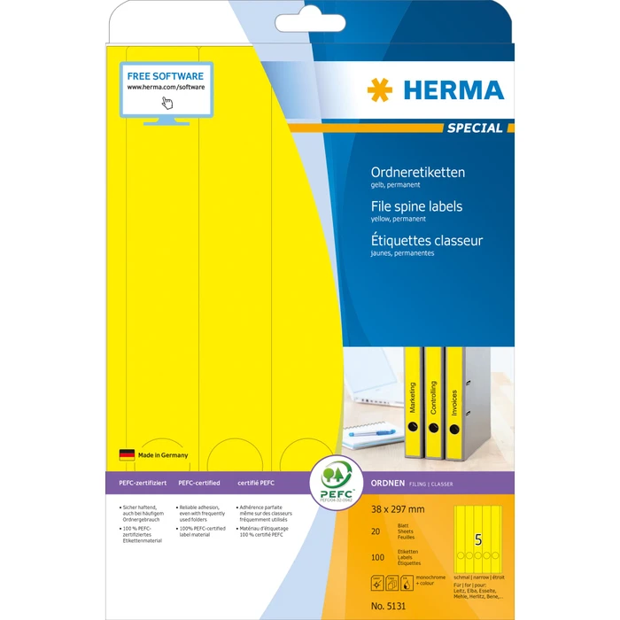 Herma Ordneretiketten, 38x297mm, gelb, 20 Blatt (100 Etiketten)
