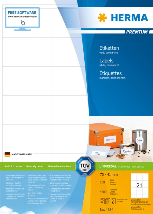Herma Etiketten Premium, 70x41mm, weiß, matt, 200 Blatt (4200 Etiketten)