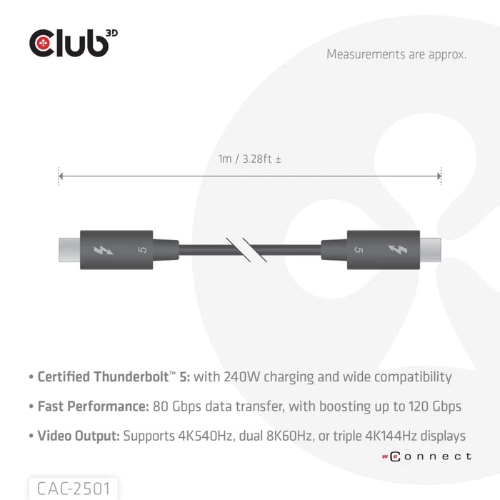 Club 3D Thunderbolt 5 Kabel, 240W, schwarz, 1m (verschiedene Markenbezeichnungen)