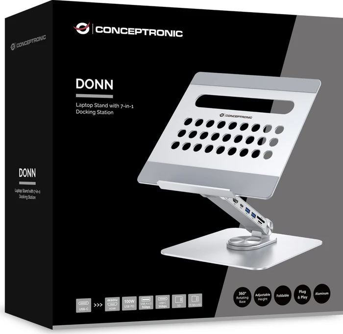 Conceptronic DONN27G Laptop-Ständer mit 7-in-1 Dockingstation, USB-C 3.0 [Buchse]